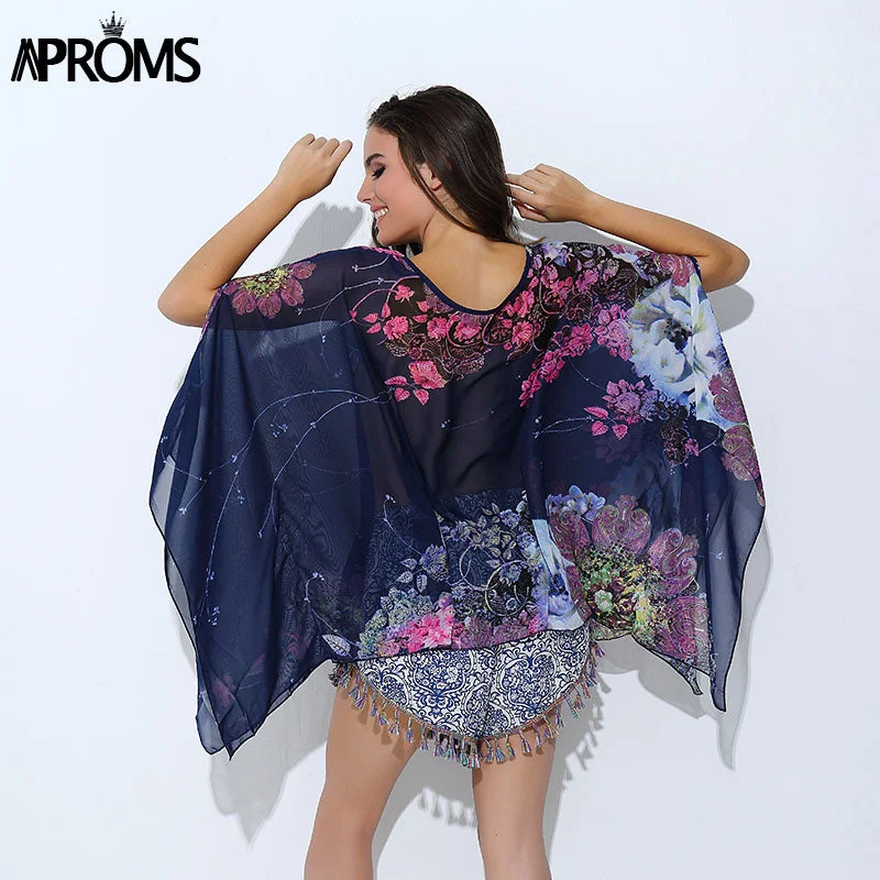 Boho Batwing Sleeve Chiffon Blouse Women Casual Floral Print Loose Kimono Shirts Big Size Beach Tunic Tops Peplum Blusa Robe Delicate Bow Blouse