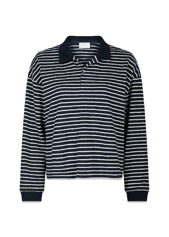 Sara Stripe Polo Blouse - Navy Cotton Casual Blouse