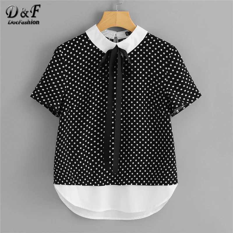 Dotfashion Contrast Tie Neck And Hem Polka Dot Summer Shirt Women Short Sleeve Button Bow Tops 2018 Preppy Style Blouse Elegant Lace Blouse