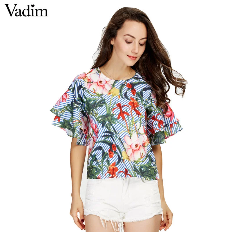 Vadim women sweet ruffles loose floral shirts short sleeve o neck blouse European style flower print tops blusas DT1052 Floral Chiffon Blouse