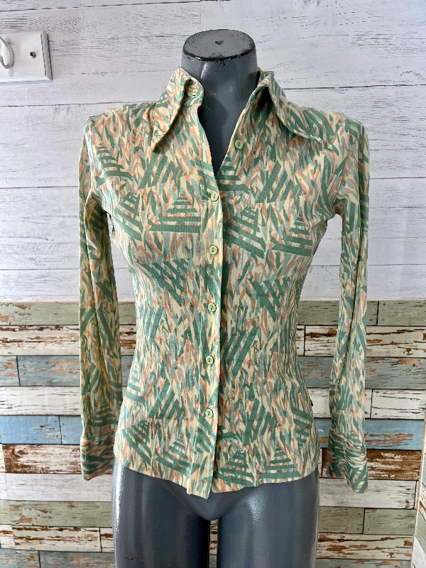 70’s Mint & Beige Abstract Print Long Sleeve Disco Blouse By Huk A Poo Casual Relaxed Blouse