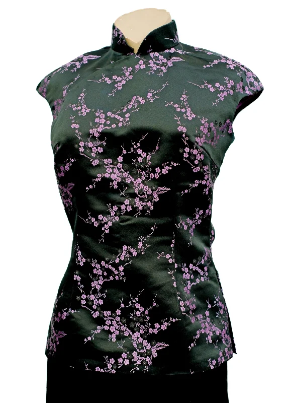 Black Lilac Satin Brocade Cheongsam Style Sleeveless Blouse • Jesireé Off-Shoulder Wrap Blouse