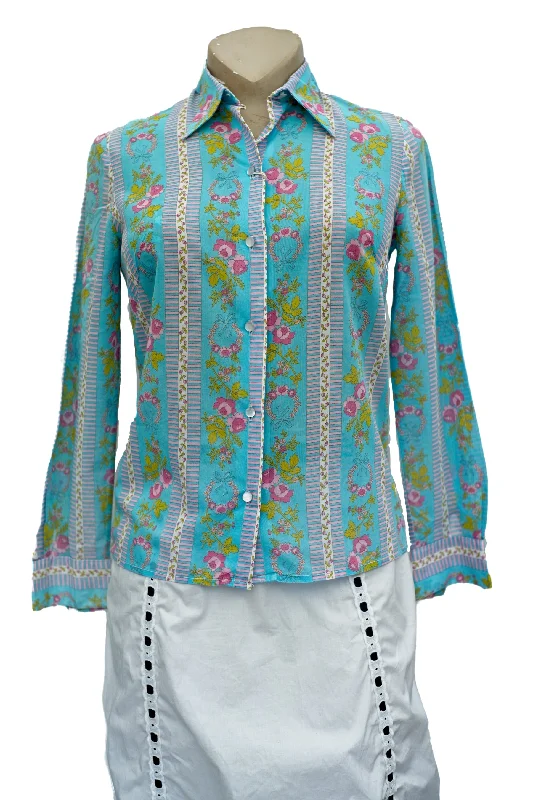 1970s Vintage Turquoise Floral Blouse • Dagger Collar Satin Bow Blouse