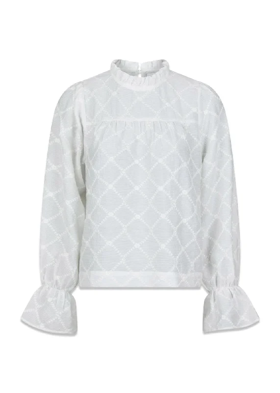 Mamara Square Emb Blouse - White Balloon Sleeve Blouse