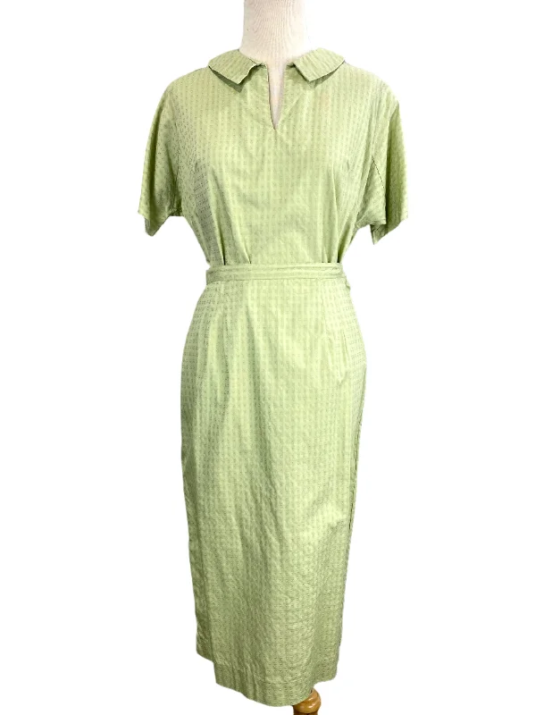 Vintage 1960s 2-Piece Green Cotton Skirt & Blouse Set, Small Wrap Front Blouse