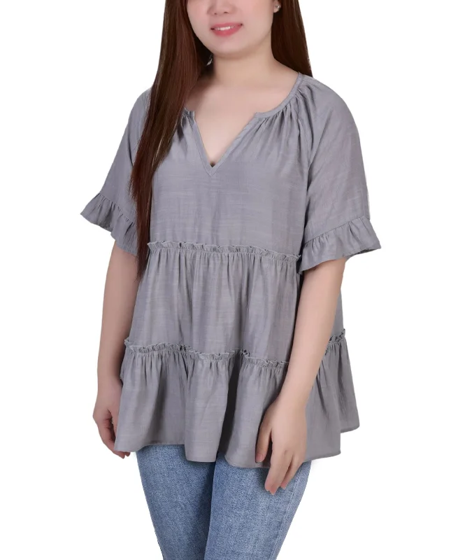 Petite Size Short Sleeve Tiered Blouse Silky Tunic Blouse