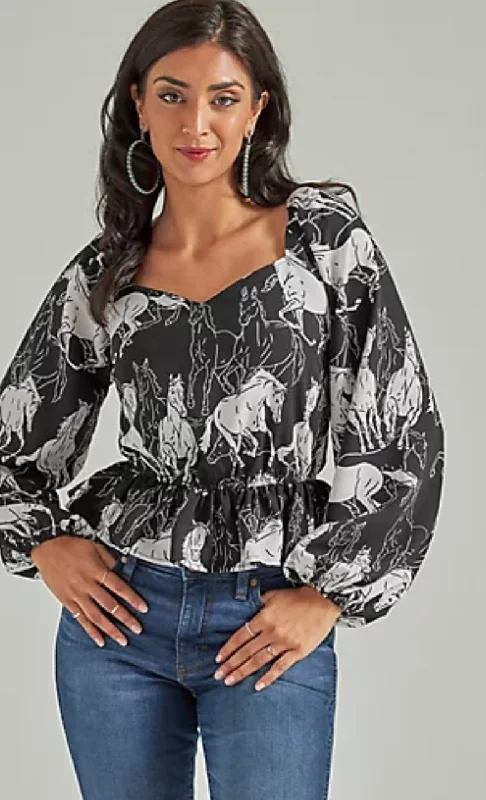 Wrangler Women's Retro Black Peplum Blouse Pleated Collar Blouse