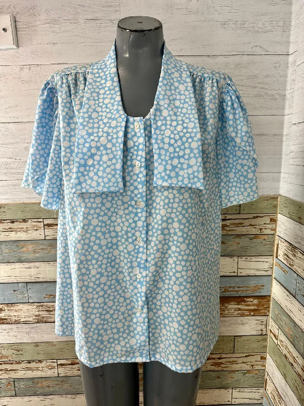 80’s Pale Blue & Off White Dot Print Short Sleeve Blouse By Ms Bond Lightweight Linen Blouse