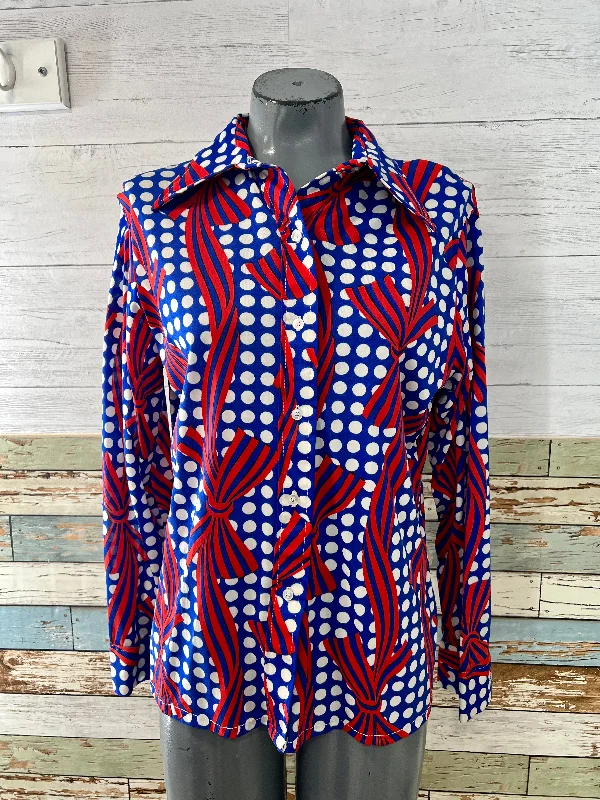 70’s Dot with Bow Print Long Sleeve Blouse Side Tie Blouse