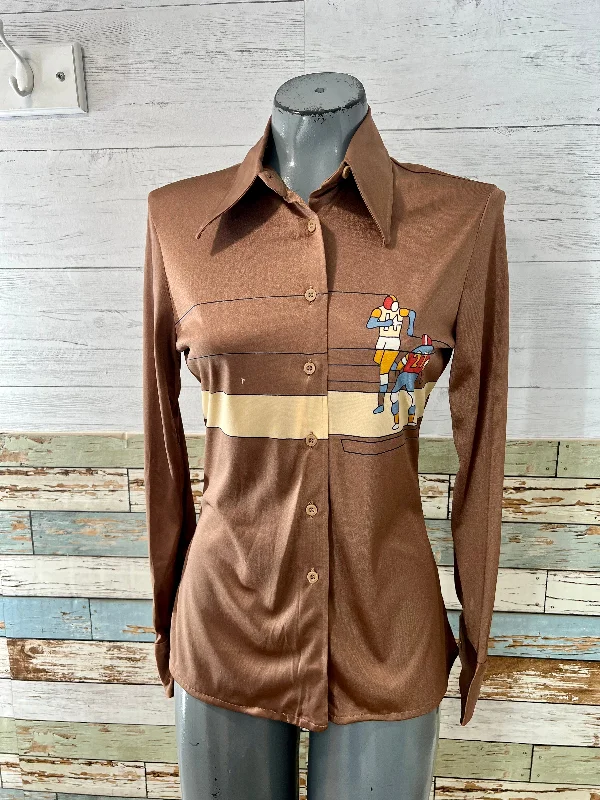 70’s Brown Football Game Print Long Sleeve Blouse By Nik Nik Smart Business Blouse