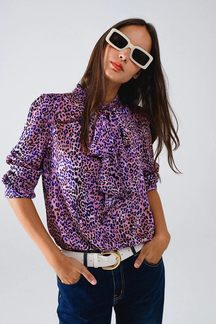 Q2 Tie Neck Animal Print Blouse Airy Cotton Blouse