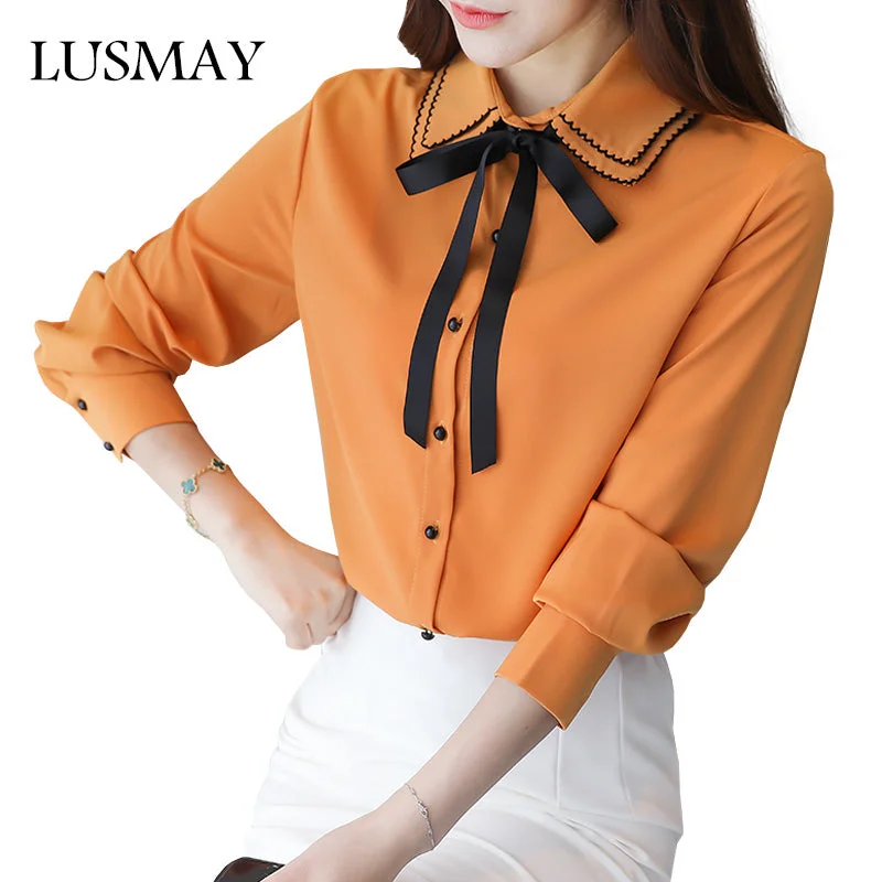 New Fashion Women Shirts Spring 2018 Peter Pan Collar Chiffon Blouse With Bow Tie Long Sleeve Elegant Shirt White Red Yellow Soft Satin Blouse