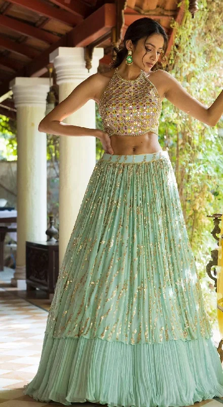 Sequinned Flared Lehenga Set With Mirror Blouse - BLUE Drape Neck Blouse