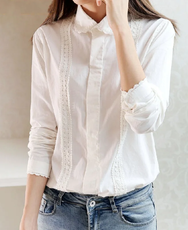 Preppy White Blouse Collection 13 Pattern Women Cotton Lace Crochet Peter Pan Collar Long Sleeve Top Shirt Plus Size S-4XL T5437 Sheer Mesh Blouse