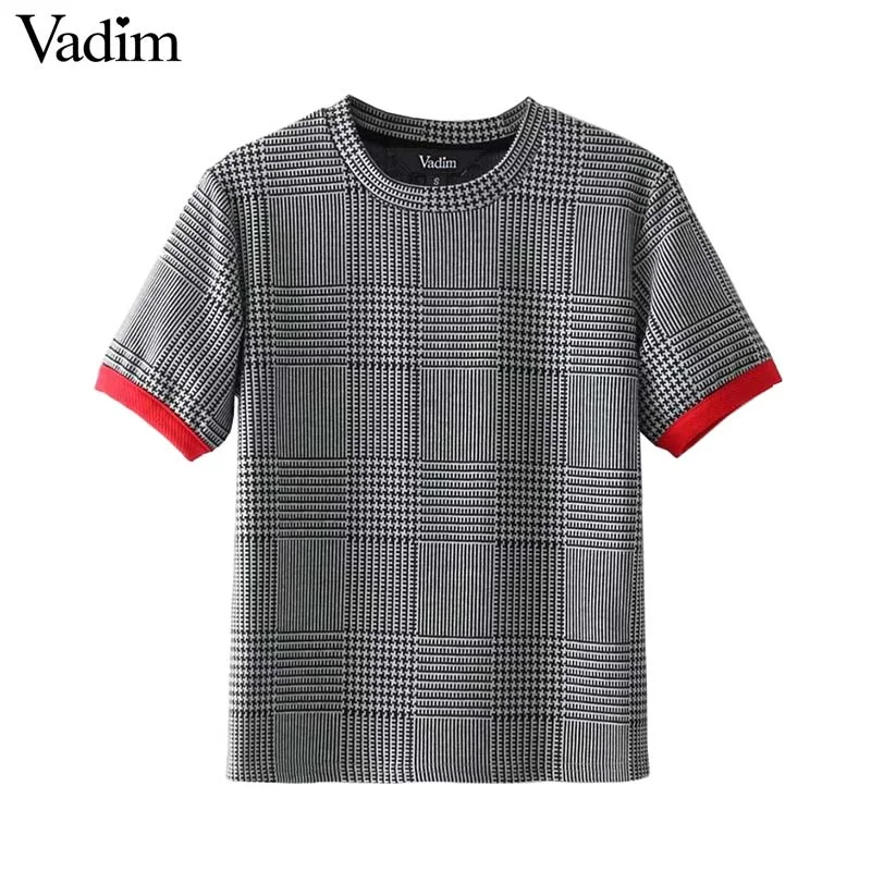 Vadim women elegant plaid shirt houndstooth short sleeve o neck blouse vintage basic fashion casual chic tops blusas DT1312 Boho Chic Blouse