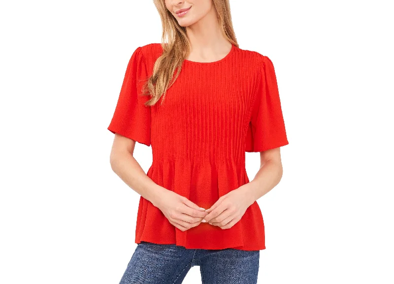 Women's Crew Neck Short Sleeve Pin-Tuck Blouse Feminine Tie Blouse