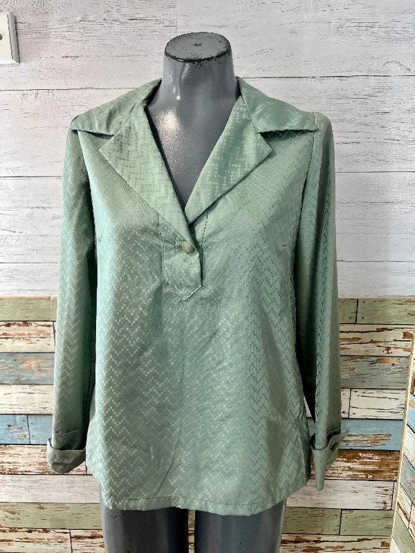 70’s Teal Green Texture Print Long Sleeve Blouse By C. Capriotti Pastel Color Blouse