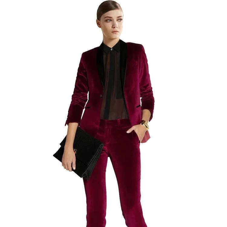 Wine Red Velvet Women Tuxedos Formal Pant Suits Casual Lounge Pants