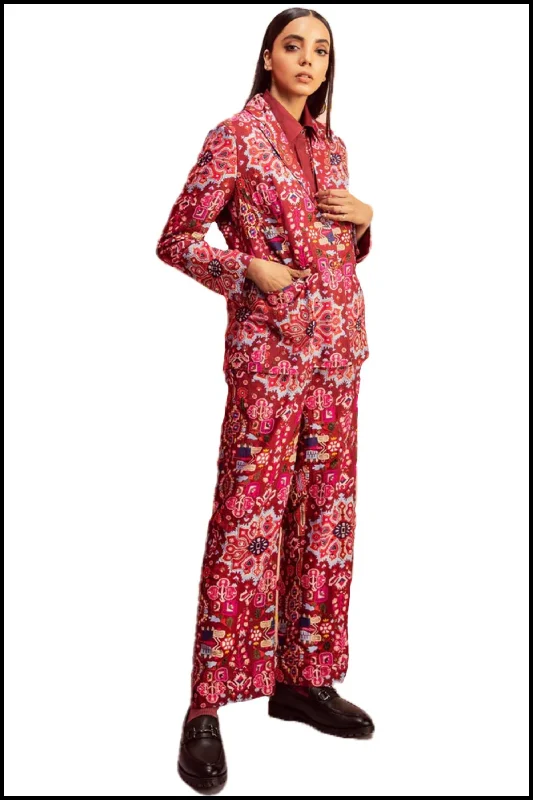 Kashan Red Print Wide Leg Embroidered Pants In Handloom Organic Cotton Silk Chic Faux Leather Pants