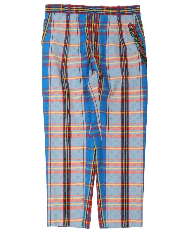 Monogram Check Pleated Pants Comfy Cargo Trousers