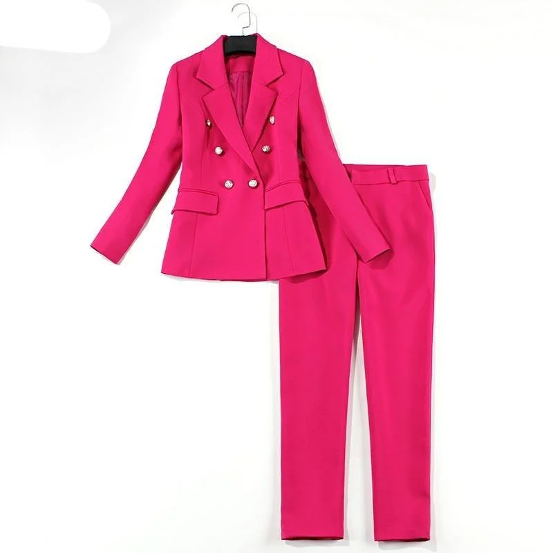 Rose Double-breasted Pant Suit Chic Faux Leather Pants