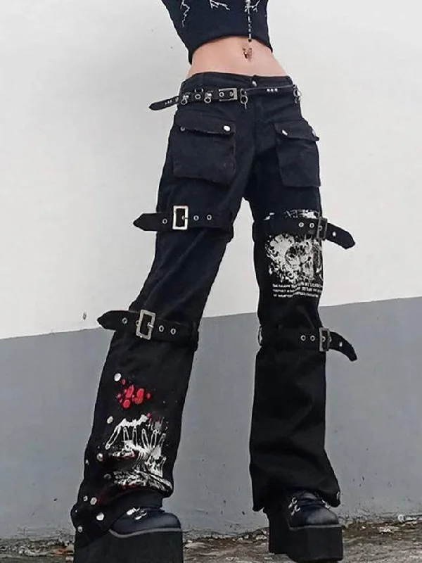 Goth metal buckle pocket cargo pants Cozy Knit Pants