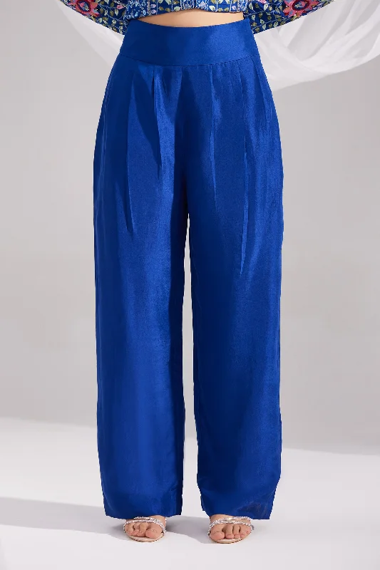 Royal Blue Pleated Straight Silk Pant Comfy Cargo Trousers