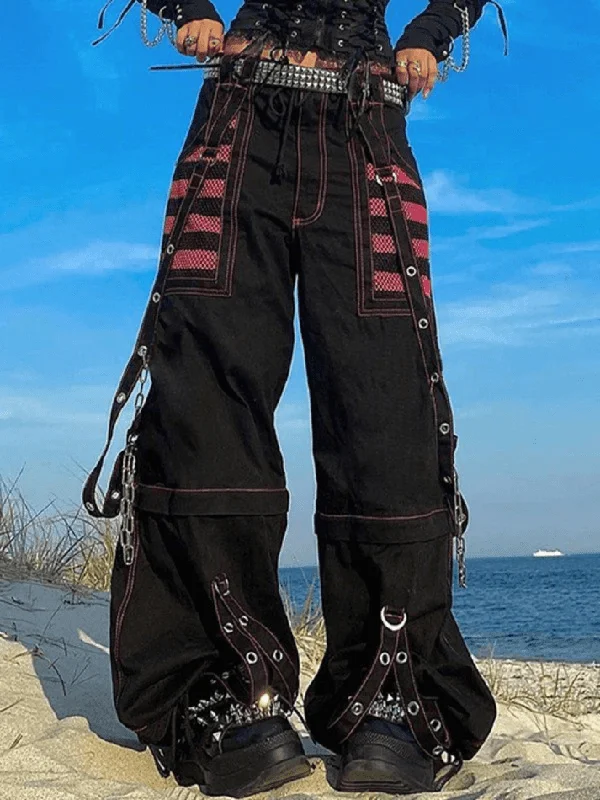 Eyelet Strap Black Cargo Pants Casual Plaid Pants