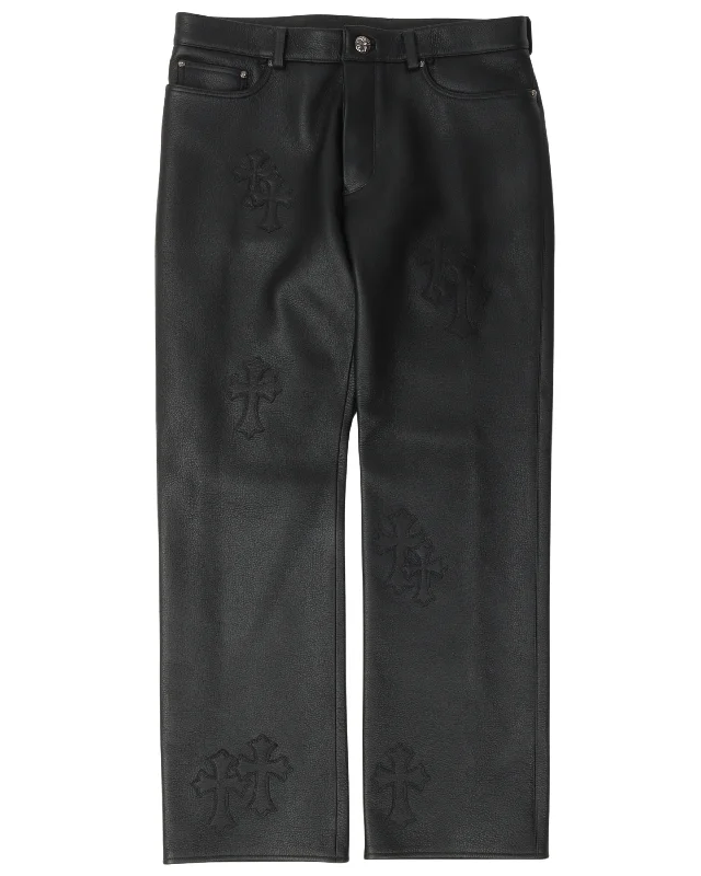 Cross Patch Leather Pants Warm Wool Trousers