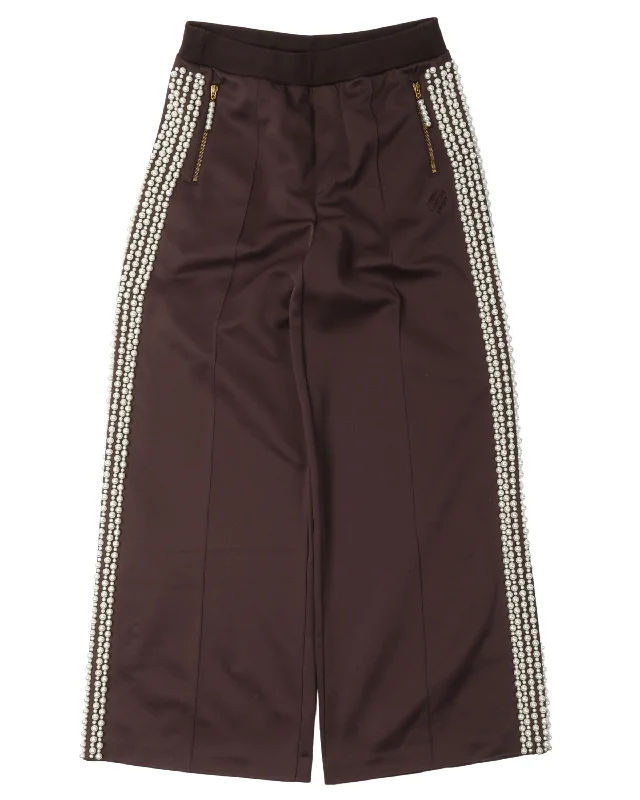 Pearl-Embellished Track Pants Elegant High-Waist Pants