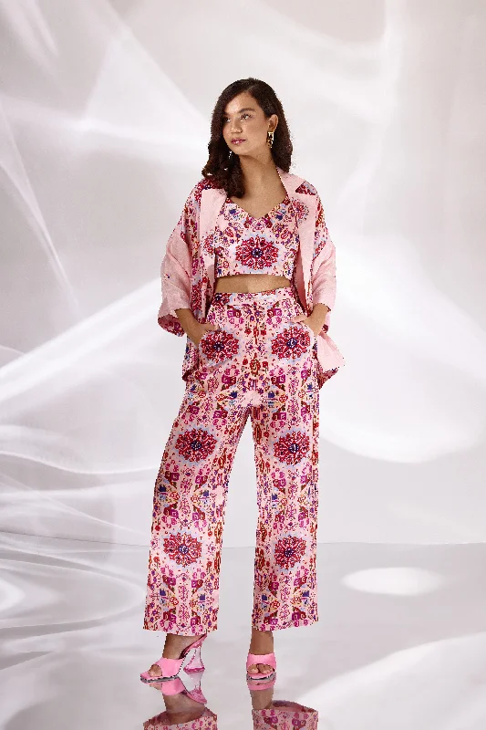 Pink Kashan Print Silk Wide Leg High Waist Pants Fashionable Sporty Pants