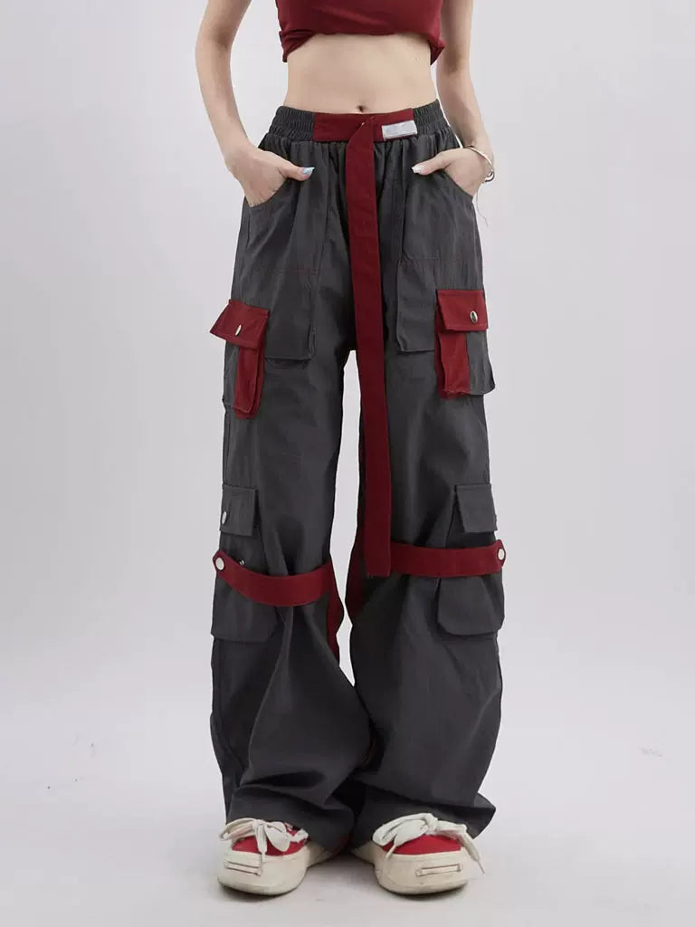 Contrast Multi-Pocket Casual Pants Fashionable Tapered Leg Pants