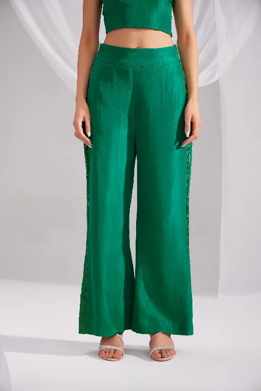 Hand Embroidered Emerald Green Flared Silk Pant Casual Plaid Pants