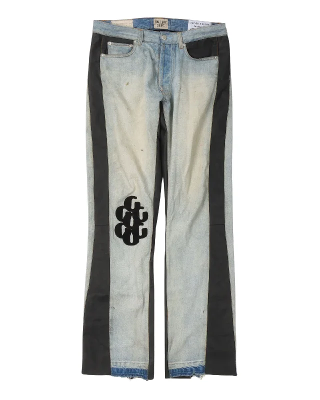 G Patch La Flare Leather and Denim Pants Classic Straight-Leg Pants