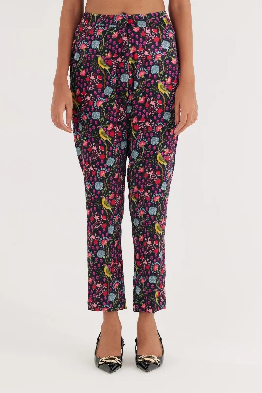 Black Mashroo Parrot Print Pant Comfortable Pleated Pants