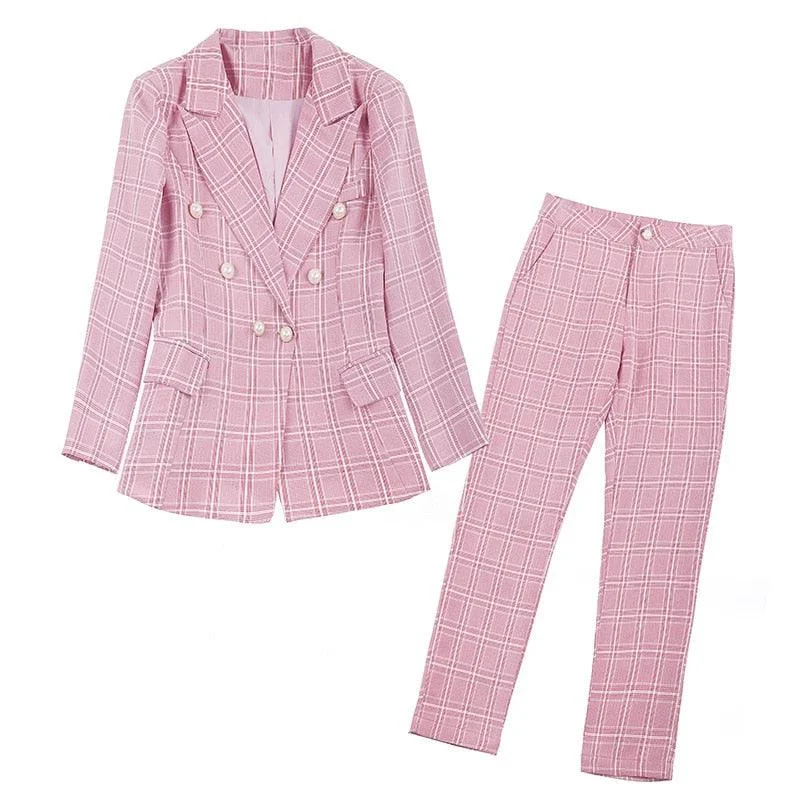 Double-breasted Plaid Two-piece Set Pant Suit Fashionable Button-Up Pants