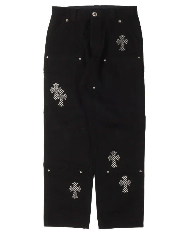 Checkered Cross Patch Double Knee Pants Stylish Casual Pants