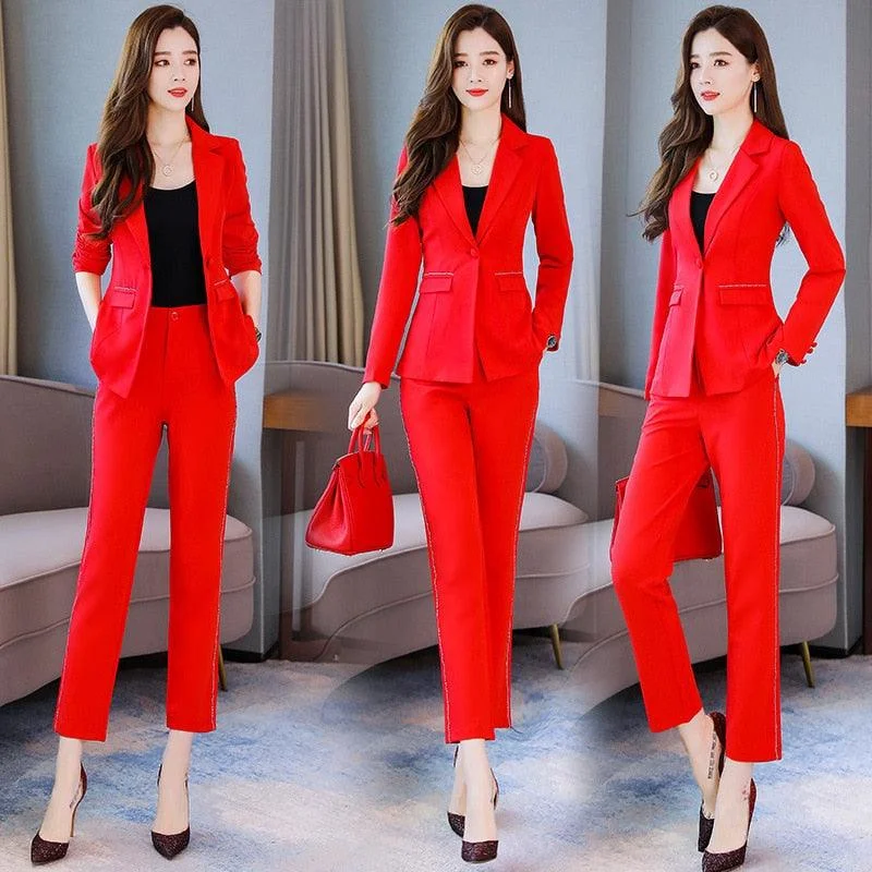 Spring Color Two-piece Sets Pants Suits Classic Pleated Pants