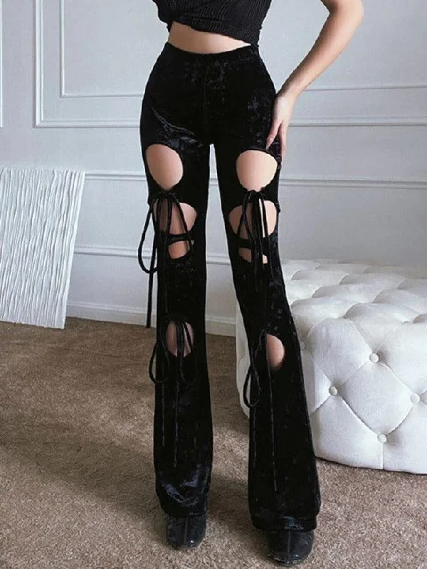 Lace Up Cutout Velvet Flare Leg Pants Fashionable Track Pants