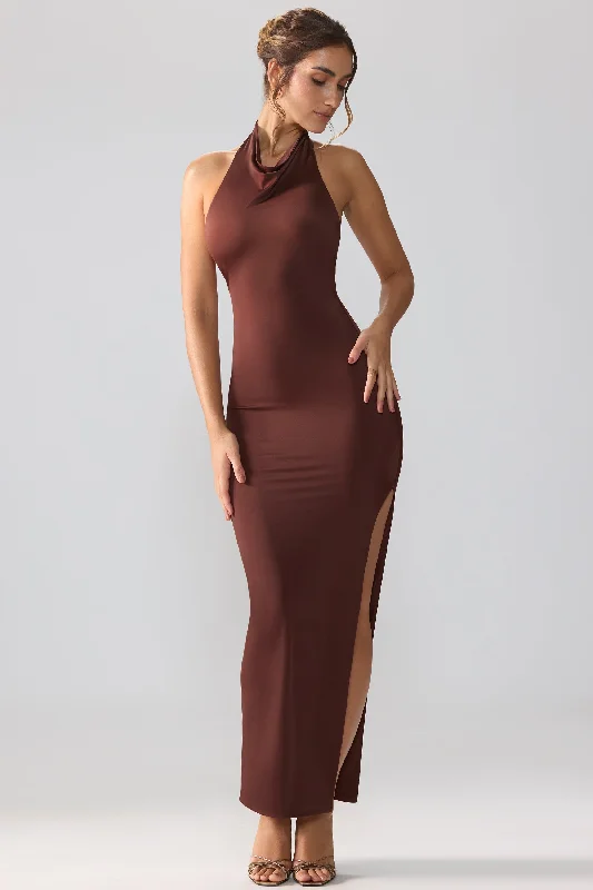 Premium Jersey Cowl Neck Backless Maxi Dress in Espresso Elegant Maxi Dress with Drapes