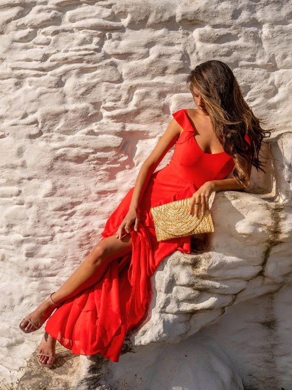 Bella Ruffle Detail Maxi Dress in Red Stylish Pleated A-Line Maxi Dress