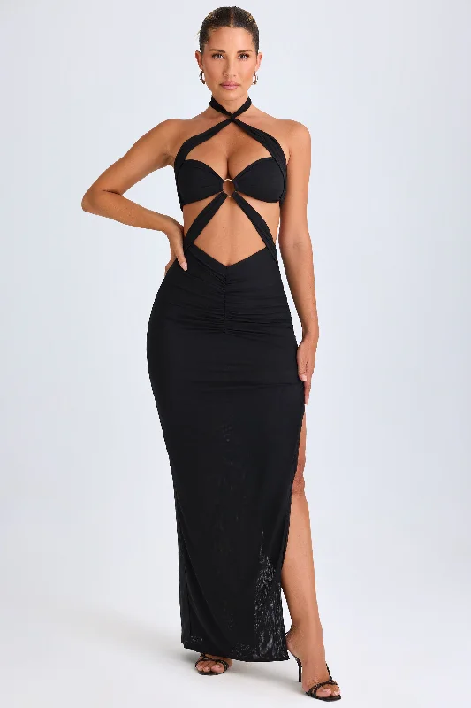 Hardware Detail Cut-Out Halterneck Maxi Dress in Black Comfortable Long-Sleeve Maxi Dress