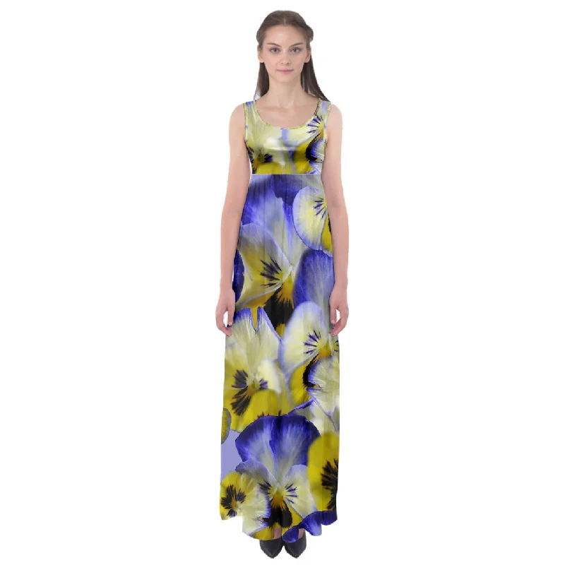 Blue and Yellow Pansies Empire Waist Maxi Dress Trendy Printed Maxi Dress