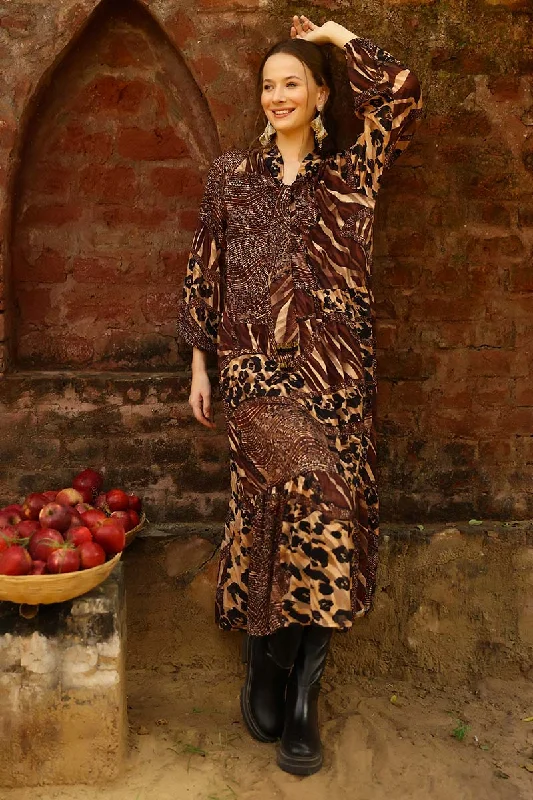 Brown Animal Patch Print Maxi Dress Chic Button-Up Maxi Dress