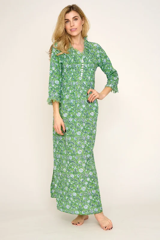 Cotton Annabel Maxi Dress in Green with White & Blue Flower Trendy A-Line Maxi Dress