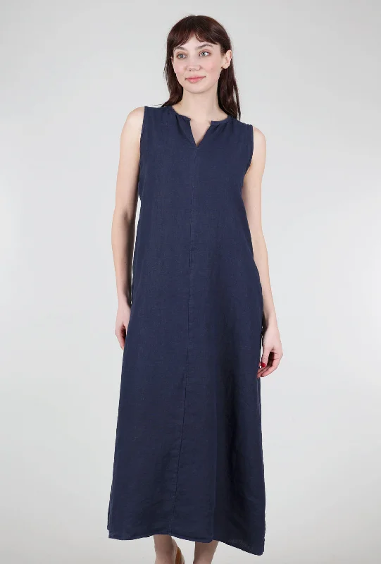 Linen Split-Neck Maxi Dress, Nightsky Stylish Empire Waist Maxi Dress