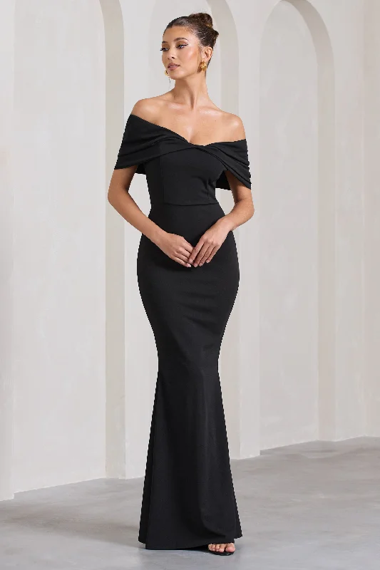 Dana | Black Bardot Maxi Dress With Short Gathered Sleeves Elegant Tiered Maxi Dress