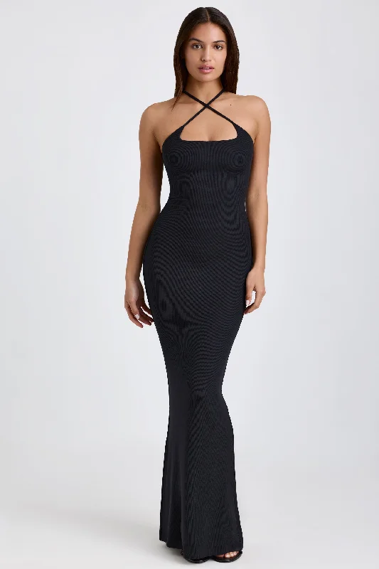 Ribbed Modal Halterneck Maxi Dress in Black Comfortable Maxi Dress with Sleeves