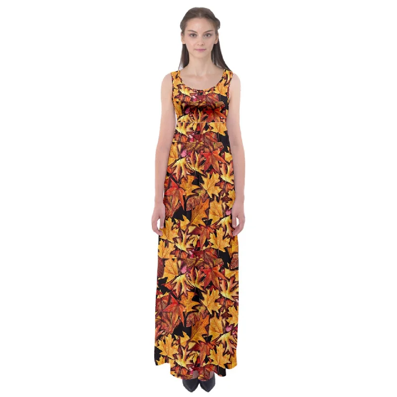 Fall Leaves Pattern Empire Waist Maxi Dress Fashionable Off-Shoulder Maxi Dress