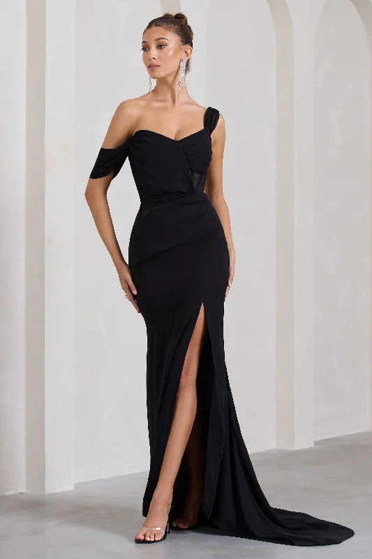 Fatal Attraction | Black Chiffon Fishtail Maxi Dress With Draped Sleeves Casual Maxi Dress with Pockets